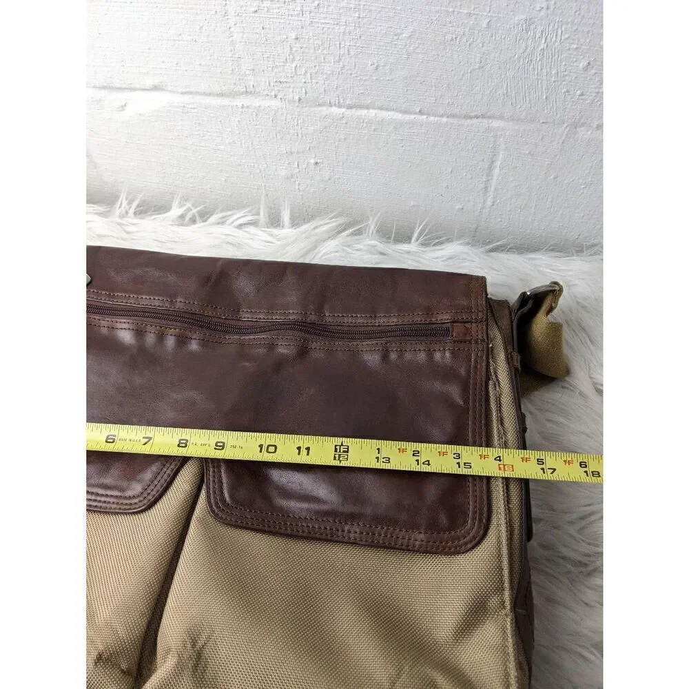 Fossil Messanger Bag Khaki Canvas Brown Leather Shoulder Strap Leather Detail Sn